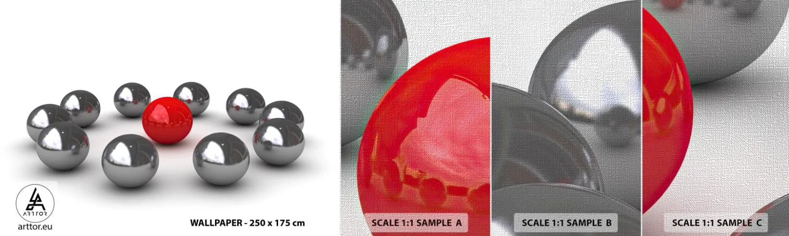 Mostră tapet Premium Canvas - Cerc în argintiu și roșu - Abstracția, 3D, Bile rotunde - 100x30 cm