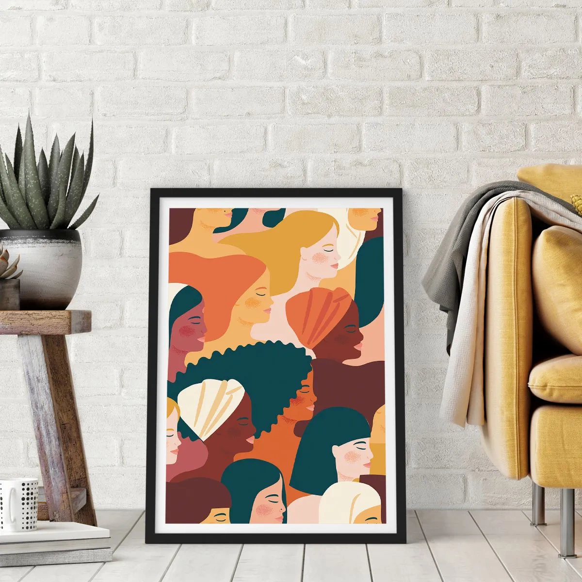 Poster în ramă neagră - Grafică colorată care prezintă profiluri feminine - 50x70cm - Numai feminitate - Decorațiune modernă pentru perete pentru living și dormitor ARTTOR