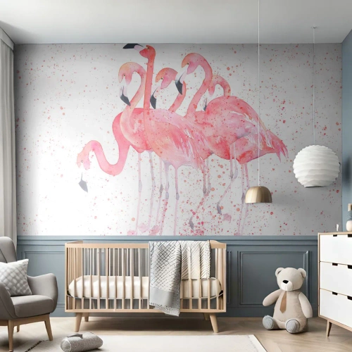 Tapet Premium Sand - Ansamblul roz - Flamingos, Păsări, Grafică - 100x70 cm