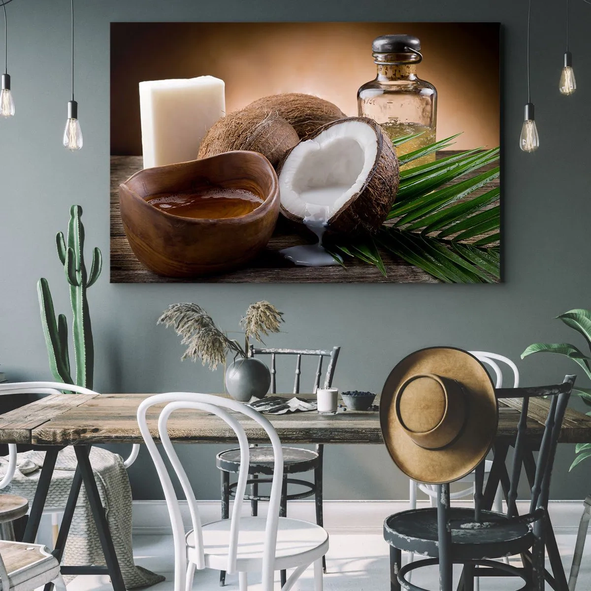 Tablou pe pânză Canvas - Nuci de cocos, lumânare și ulei pe un fundal de lemn - 70x50cm - Sănătate din insulele tropicale - Decorațiune modernă pentru perete pentru living și dormitor ARTTOR