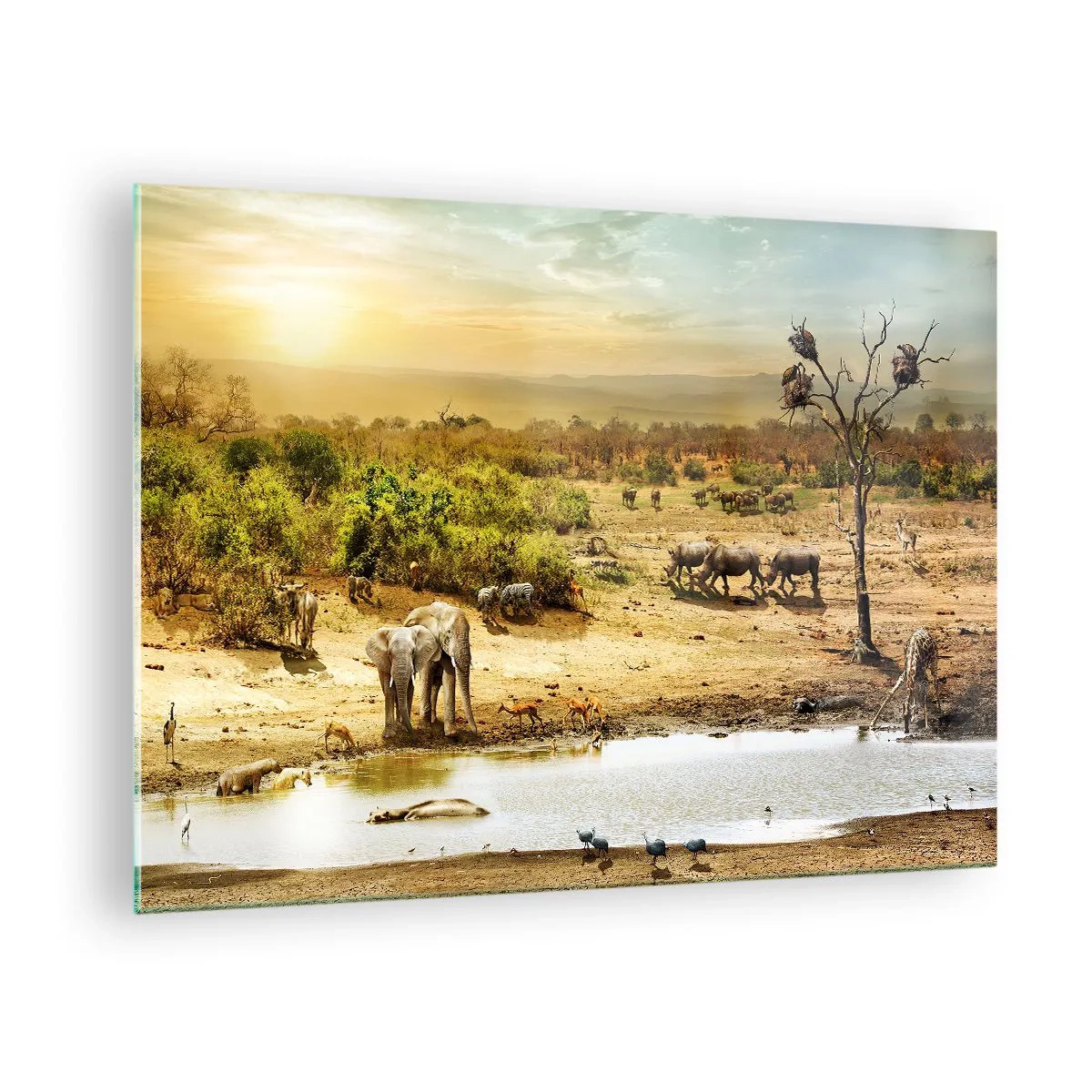 Tablou pe sticlă - Elefanți și animale la o adăpătoare pe fundalul unui peisaj african - 70x50cm - "Și din Eden curgea un râu..." - Decorațiune modernă pentru perete pentru living și dormitor ARTTOR