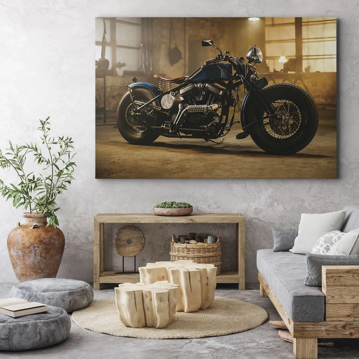 Tablou pe pânză Canvas - O motocicletă elegantă într-un interior industrial cu iluminare caldă - 70x50cm - Pot să fac totul - Decorațiune modernă pentru perete pentru living și dormitor ARTTOR