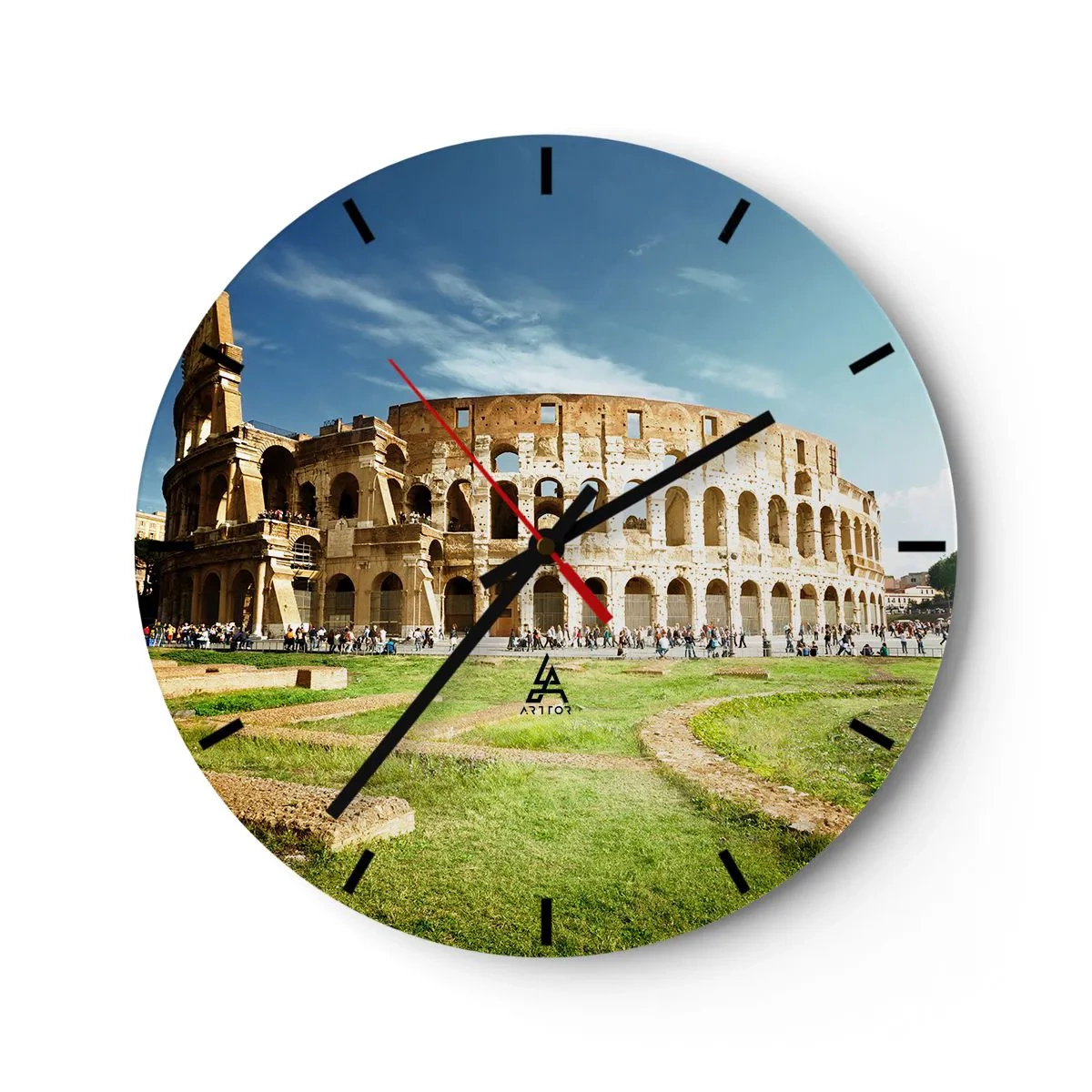 Ceas de perete - Ceas pe sticlă - Colosseumul din Roma în soare - 30x30cm - Încă mai poți auzi zgomotul armelor - Decorațiune modernă pentru perete pentru living, bucătărie și dormitor ARTTOR