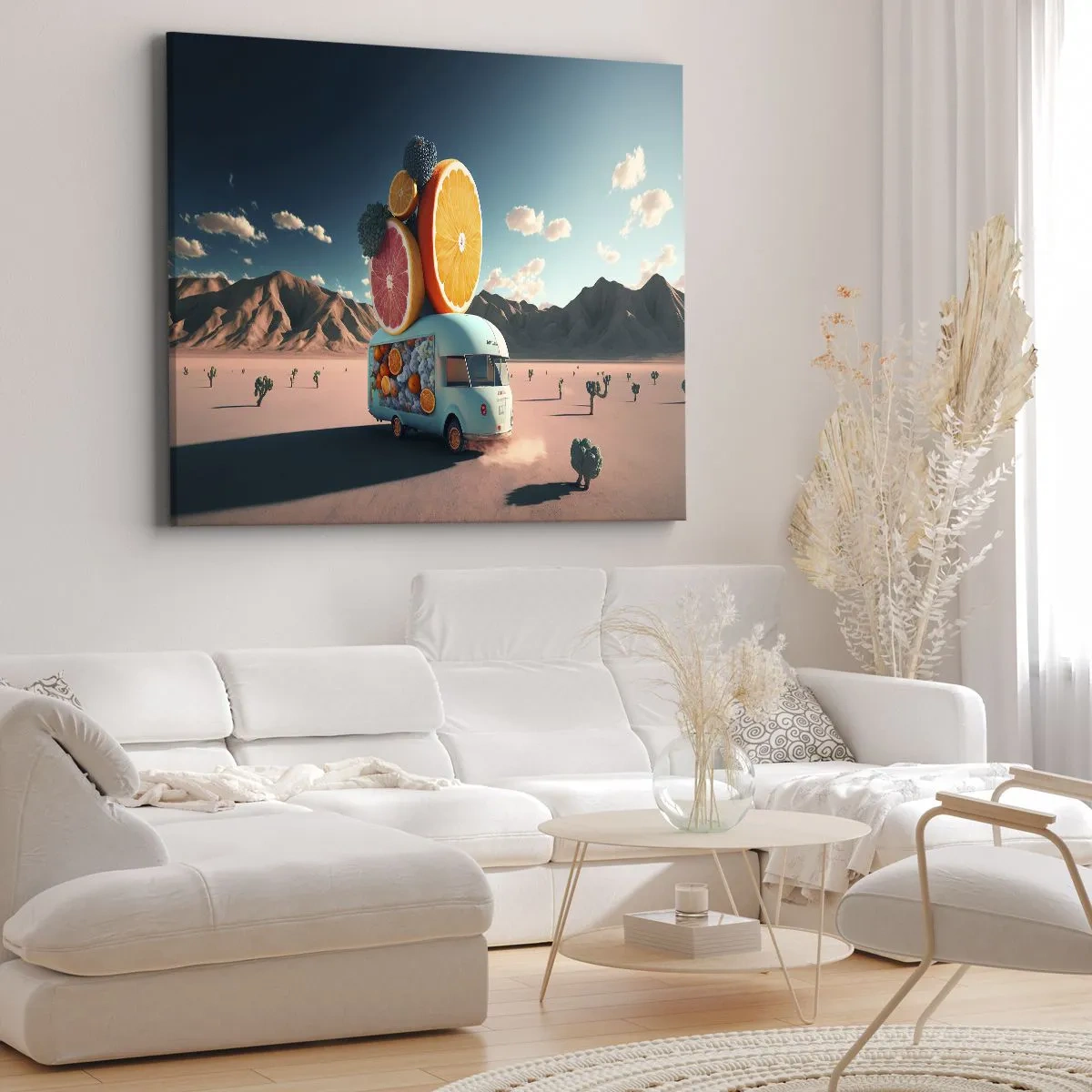 Tablou pe pânză Canvas - Camion cu fructe într-un peisaj deșertic - 70x50cm - Gustul vacanței - Decorațiune modernă pentru perete pentru living și dormitor ARTTOR