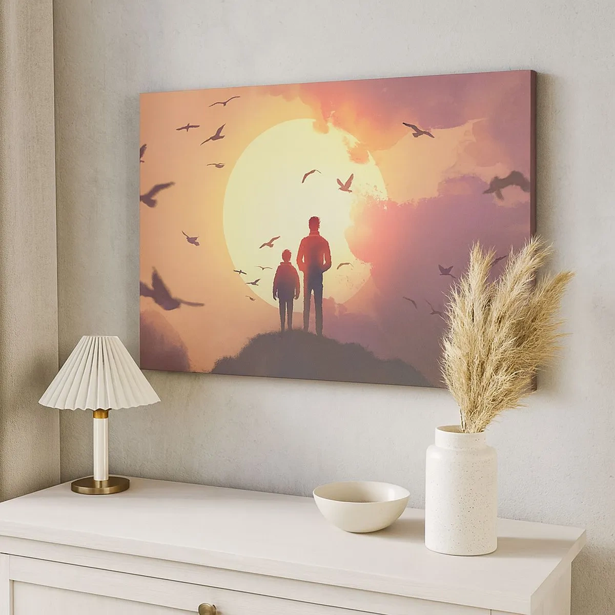 Tablou pe pânză Canvas - Figuri pe fundalul soarelui apus - 70x50cm - Față în față cu soarele - Decorațiune modernă pentru perete pentru living și dormitor ARTTOR
