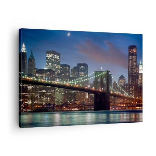 Tablou pe pânză Canvas - Podul orașului New York noaptea cu clădiri iluminate - 70x50cm - Noaptea iluminată - Decorațiune modernă pentru perete pentru living și dormitor ARTTOR