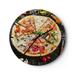 Ceas de perete - Ceas pe sticlă - Pizza apetisantă cu diverse toppinguri pe fundal negru - 30x30cm - Un evantai de arome - Decorațiune modernă pentru perete pentru living, bucătărie și dormitor ARTTOR