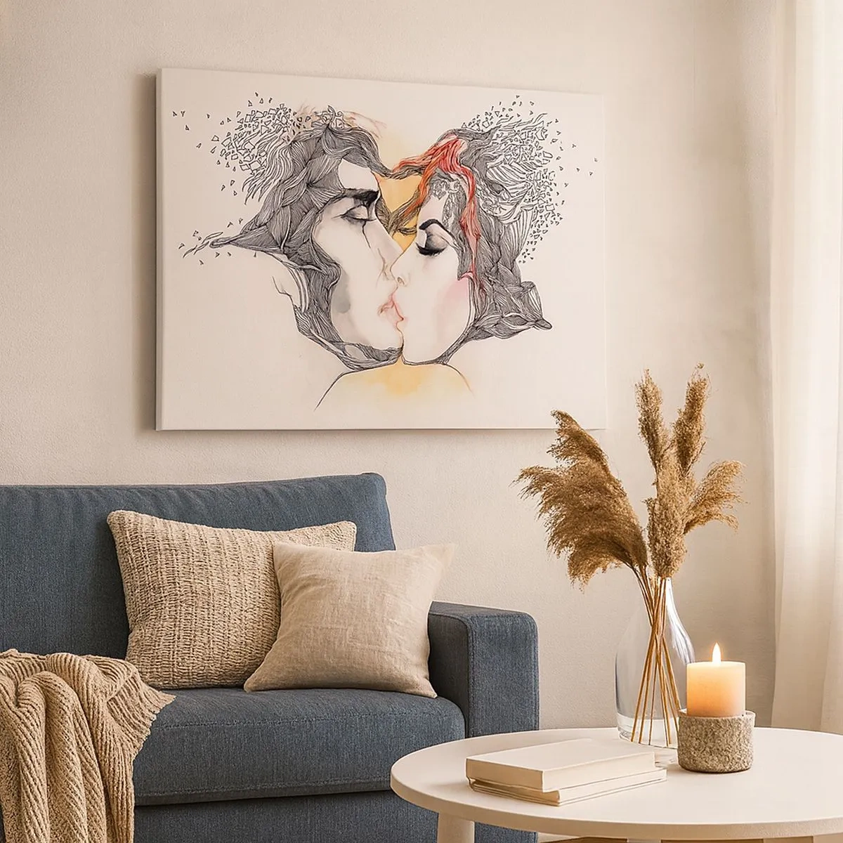 Tablou pe pânză Canvas - Portret artistic al unui cuplu cu motive abstracte pentru păr - 70x50cm - Lumea nu există - Decorațiune modernă pentru perete pentru living și dormitor ARTTOR