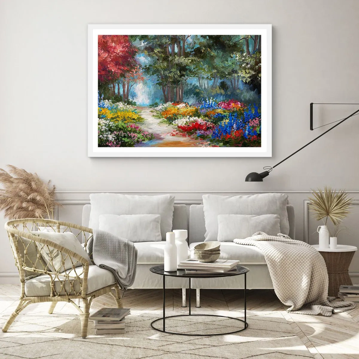 Poster în ramă albă - Grădină de pădure, pădure de flori - 100x70 cm