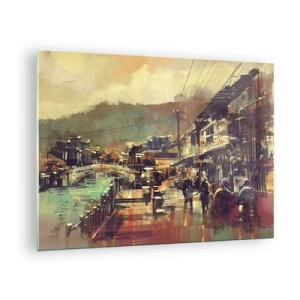 Tablou pe sticlă - O peisaj stradal în stil pictural, cu motiv de pod și canal. - 70x50cm - Viața ca o bogăție de gri - Decorațiune modernă pentru perete pentru living și dormitor ARTTOR
