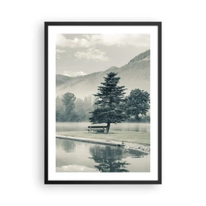 Poster în ramă neagră - O bancă sub un copac lângă un lac cu un fundal muntos - 50x70cm - Lacul încă doarme - Decorațiune modernă pentru perete pentru living și dormitor ARTTOR