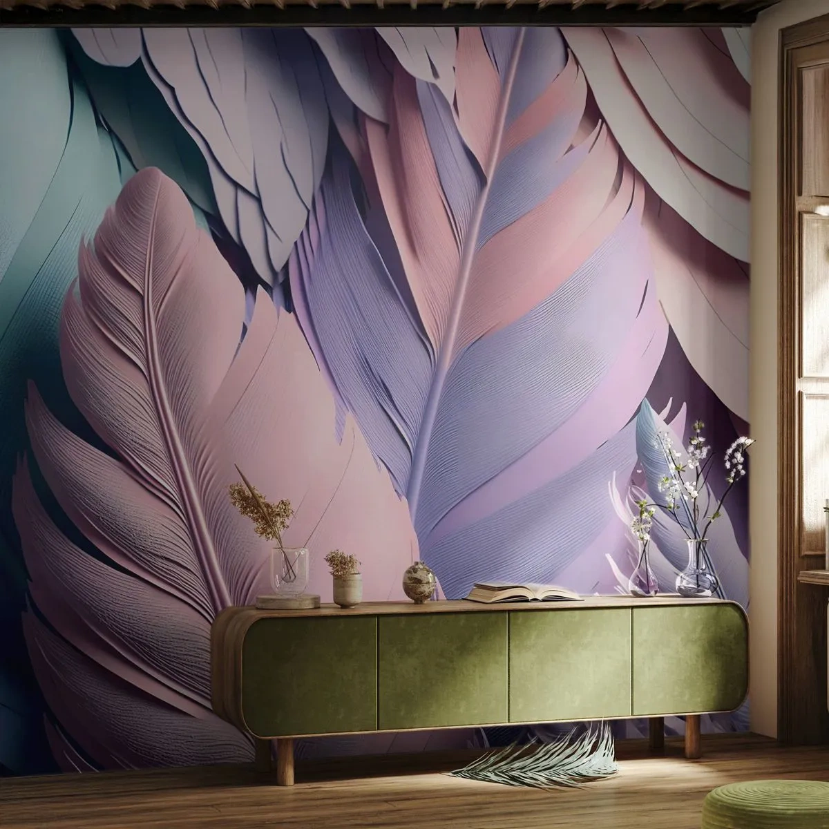 Tapet Premium Canvas - Eleganța păsărilor - Pastel, pene, Lejeritate - 300x210 cm