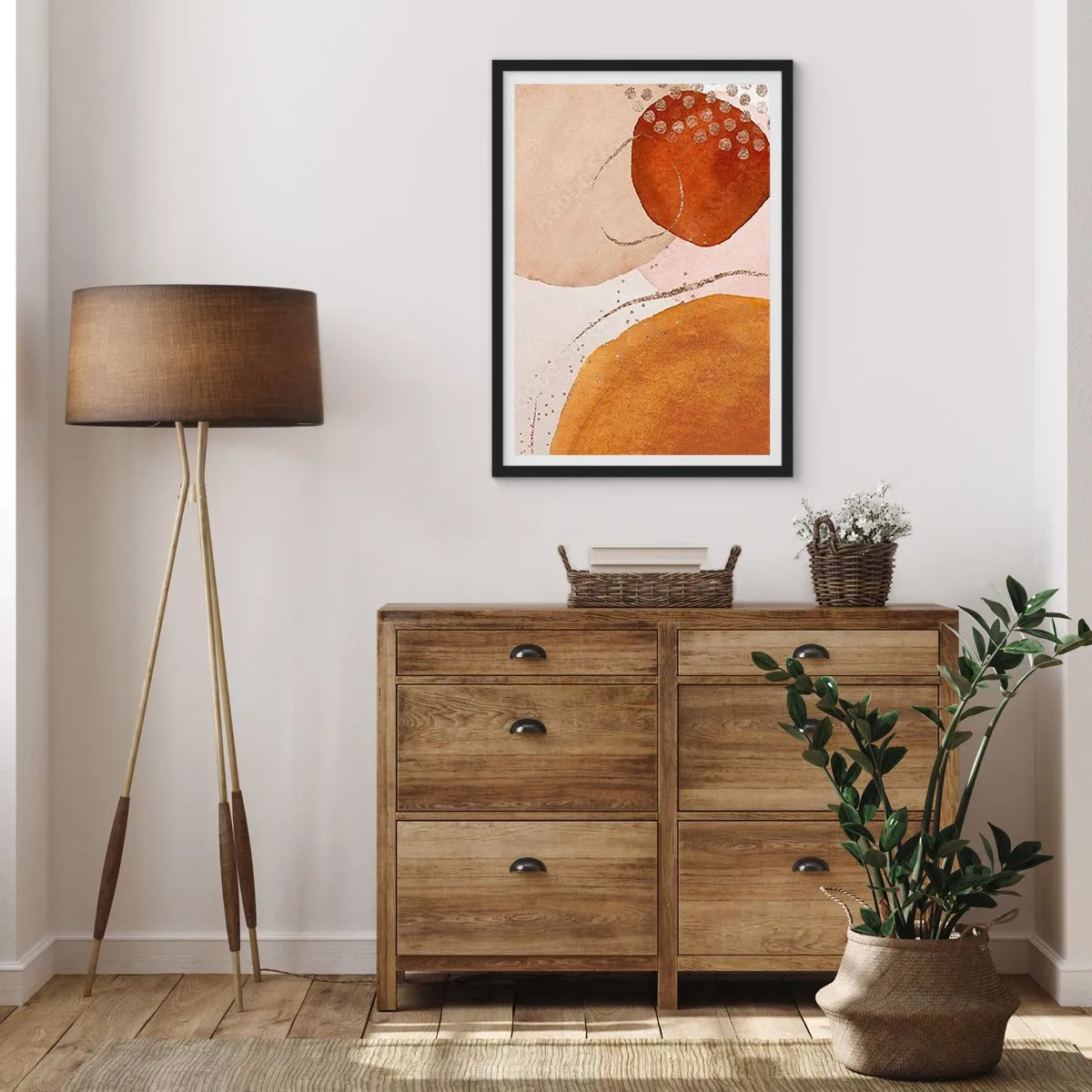 Poster în ramă neagră - Forme abstracte în nuanțe de bej, maro și auriu - 50x70cm - Rotunjime și mișcare - Decorațiune modernă pentru perete pentru living și dormitor ARTTOR