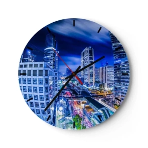 Ceas de perete - Ceas pe sticlă - Zgârie-nori moderni iluminați noaptea - 30x30cm - Ritmurile orașului de noapte - Decorațiune modernă pentru perete pentru living, bucătărie și dormitor ARTTOR
