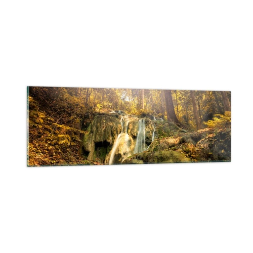 Tablou pe sticlă - Cascada de pădure în verde - 90x30 cm