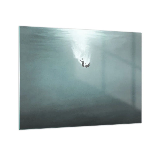 Tablou pe sticlă - Silueta unui bărbat cufundat în adâncurile albastre ale oceanului - 70x50cm - În îmbrățișarea oceanului - Decorațiune modernă pentru perete pentru living și dormitor ARTTOR