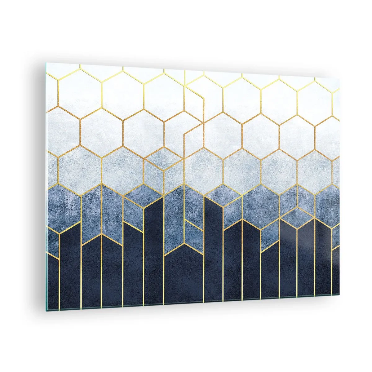 Tablou pe sticlă - Model geometric în culori auriu și albastru marin - 70x50cm - Compoziție în ritm sincopat - Decorațiune modernă pentru perete pentru living și dormitor ARTTOR