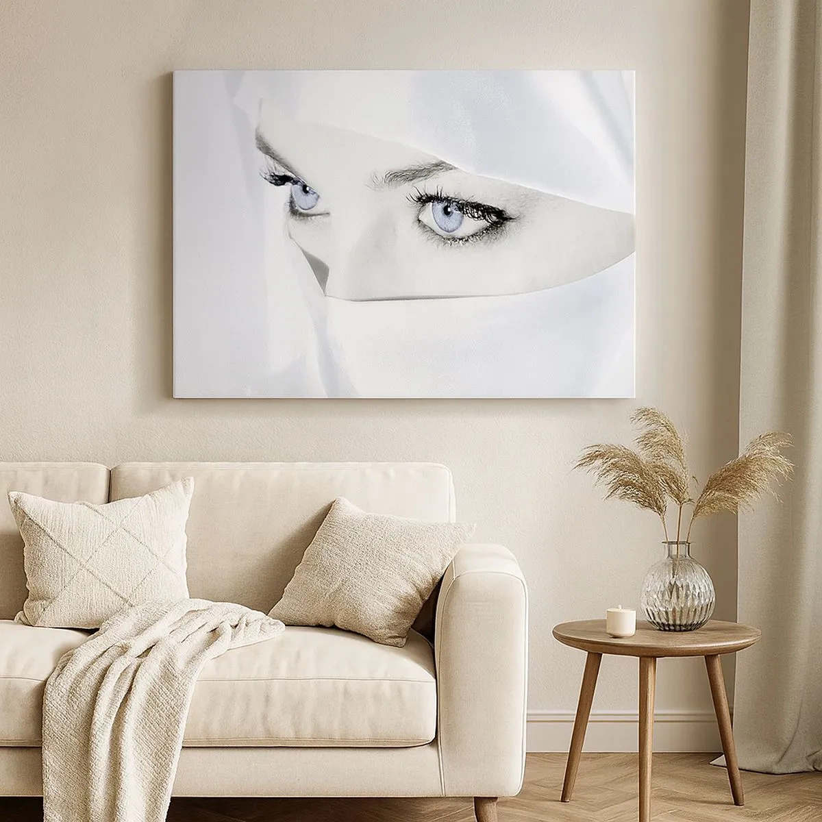 Tablou pe pânză Canvas - Portretul unei femei cu ochi albaștri ascunși în spatele unui voal alb - 70x50cm - Direct din o mie și una de nopți - Decorațiune modernă pentru perete pentru living și dormitor ARTTOR