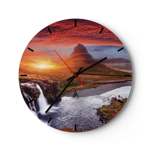 Ceas de perete - Ceas pe sticlă - Un peisaj pitoresc cu un munte, o cascadă și un apus de soare - 30x30cm - Imaginea Pământului de Mijloc - Decorațiune modernă pentru perete pentru living, bucătărie și dormitor ARTTOR