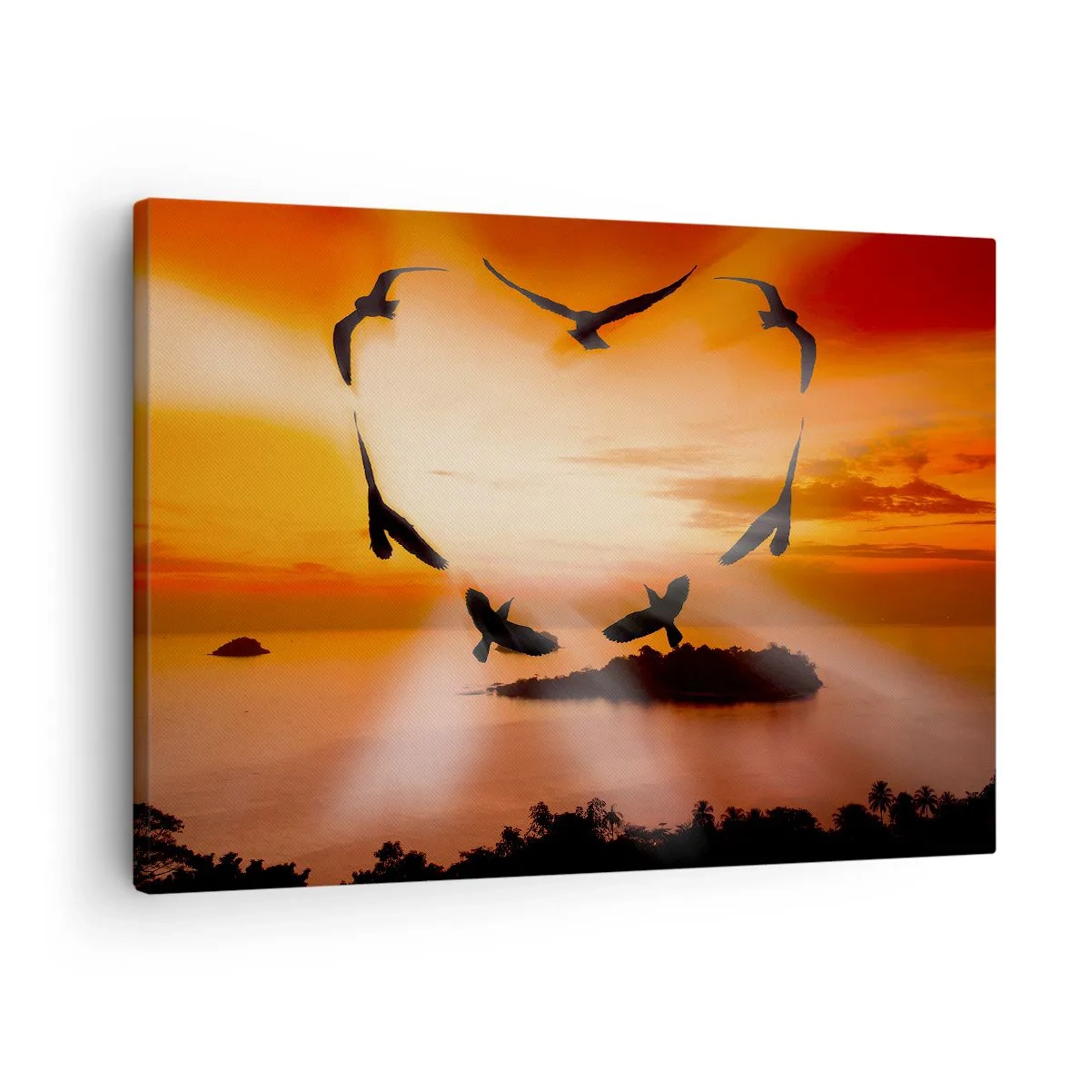 Tablou pe pânză Canvas - Păsări care formează o inimă pe fundalul soarelui care apune - 70x50cm - Iubește lumea ca o pasăre - Decorațiune modernă pentru perete pentru living și dormitor ARTTOR