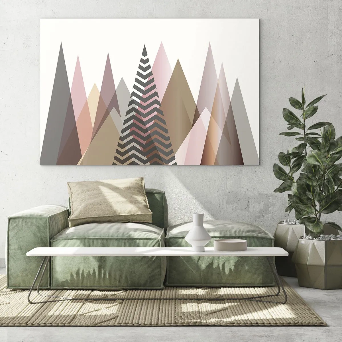 Tablou pe sticlă - Munți pastelați geometrici cu un model central - 70x50cm - Construcție piramidală - Decorațiune modernă pentru perete pentru living și dormitor ARTTOR