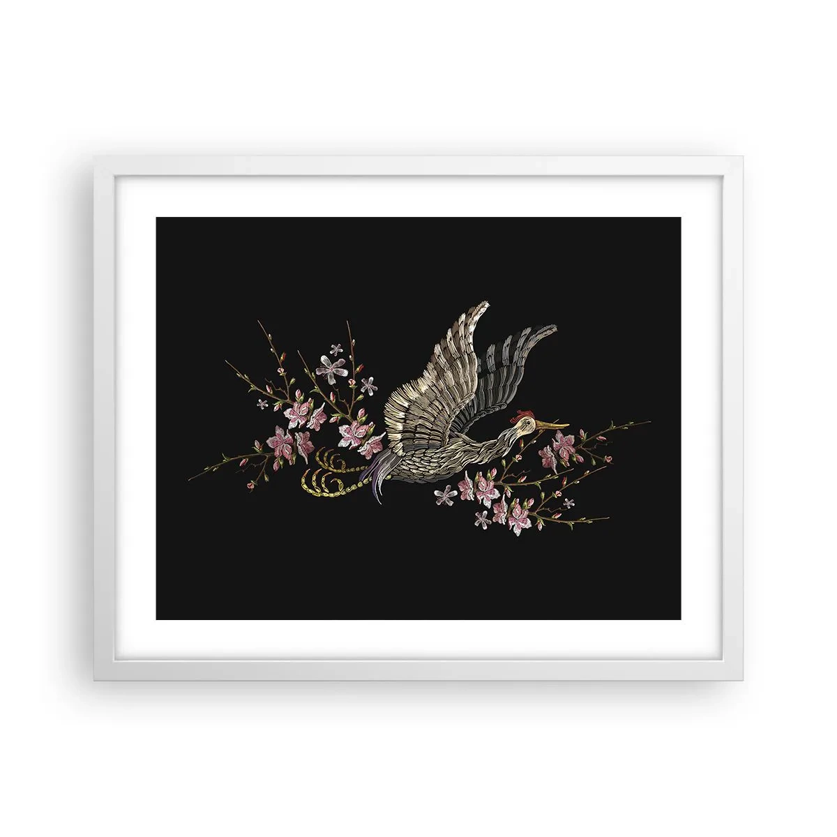 Poster în ramă albă - Pasăre exotică brodată - 50x40 cm