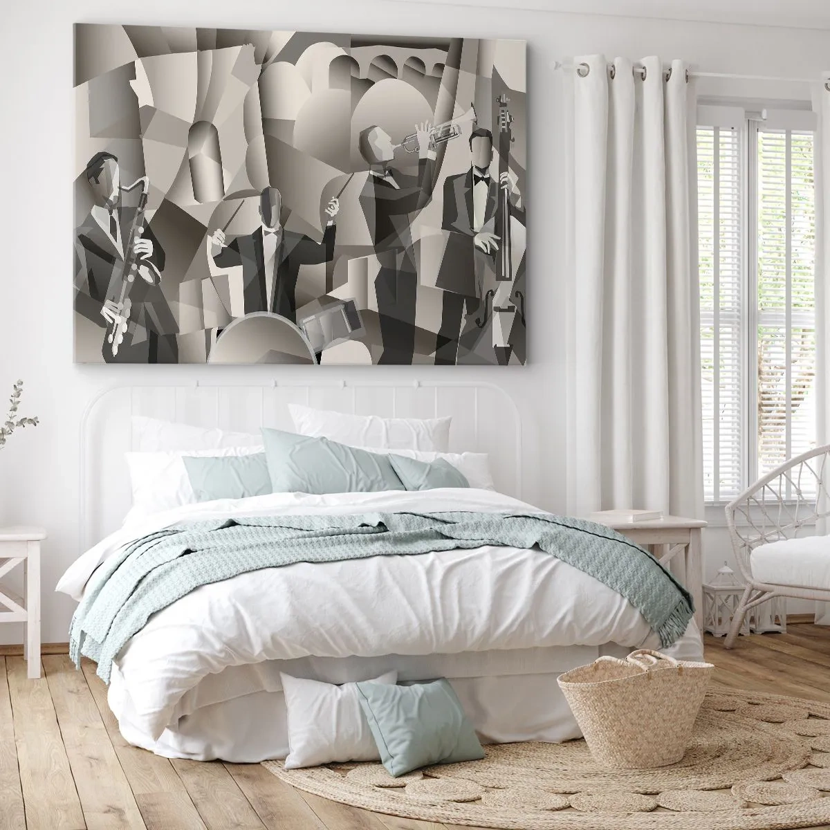 Tablou pe pânză Canvas - Scenă abstractă cu muzicieni de jazz în nuanțe de gri. - 70x50cm - În spațiul sunetelor - Decorațiune modernă pentru perete pentru living și dormitor ARTTOR