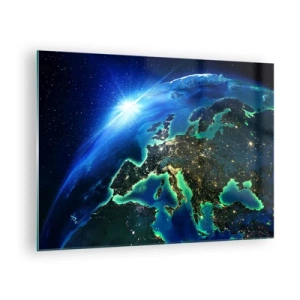 Tablou pe sticlă - Vedere a Pământului din spațiu cu Europa strălucind noaptea - 70x50cm - O Europă scânteietoare - Decorațiune modernă pentru perete pentru living și dormitor ARTTOR