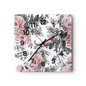Ceas de perete - Ceas pe sticlă - Pierde-te în florile de trandafir - 30x30 cm