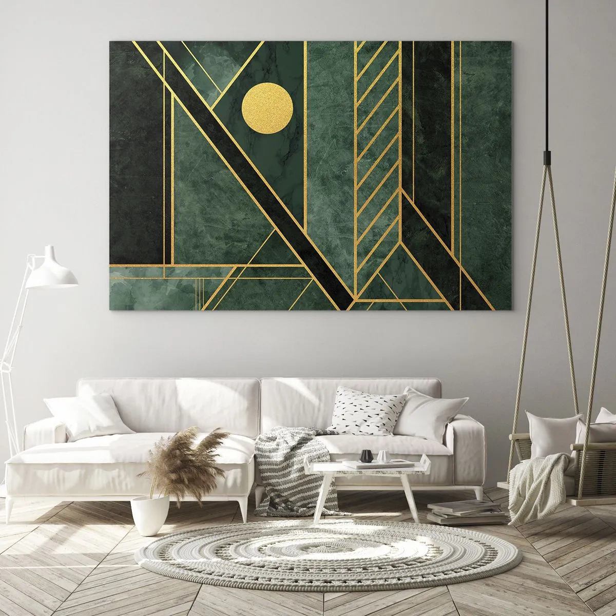Tablou pe sticlă - Abstracție geometrică verde și aurie în stil Art Deco - 70x50cm - Dinamica aurului și a azurului - Decorațiune modernă pentru perete pentru living și dormitor ARTTOR