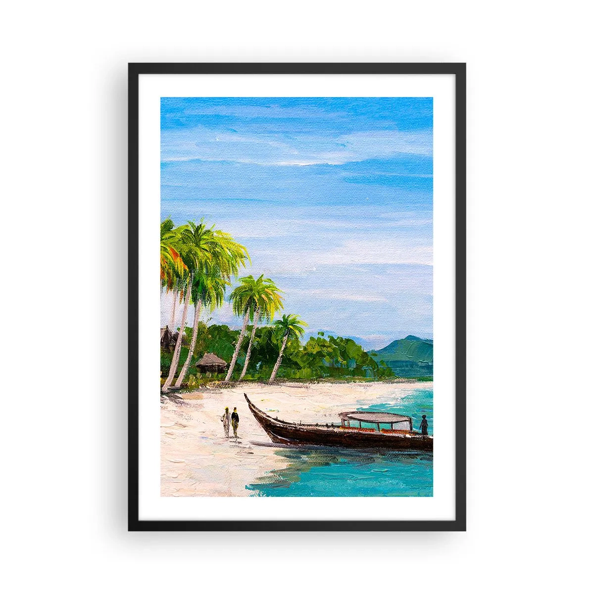 Poster în ramă neagră - Plajă tropicală cu palmieri și o barcă pe țărm - 50x70cm - Un vis exotic - Decorațiune modernă pentru perete pentru living și dormitor ARTTOR