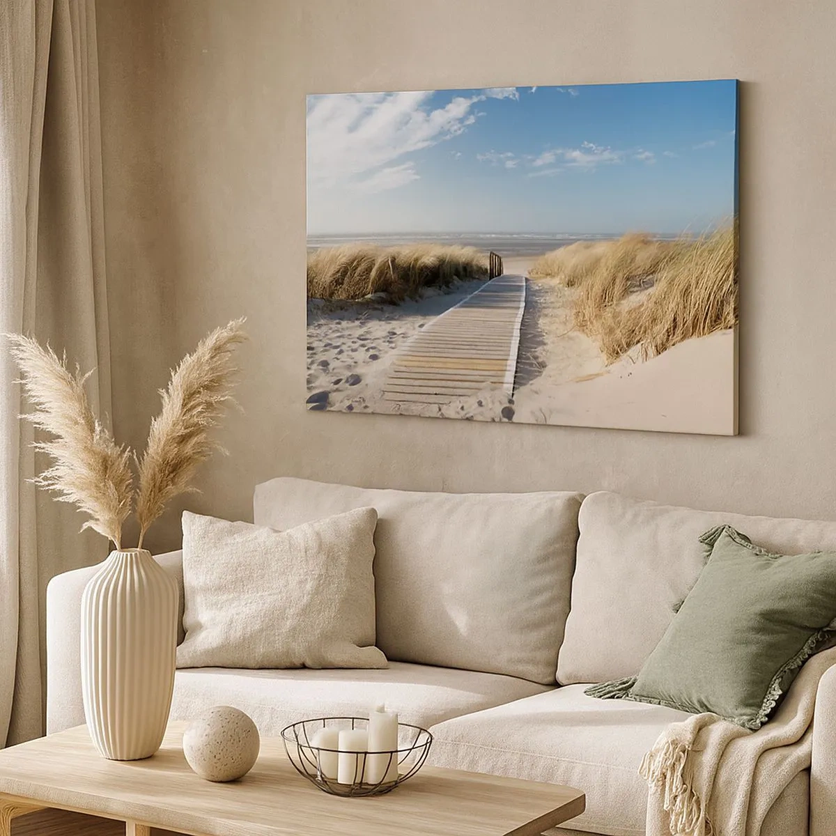 Tablou pe pânză Canvas - O potecă de lemn duce prin dune spre marea calmă - 70x50cm - În spatele dunei, în zumzetul ierbii - Decorațiune modernă pentru perete pentru living și dormitor ARTTOR