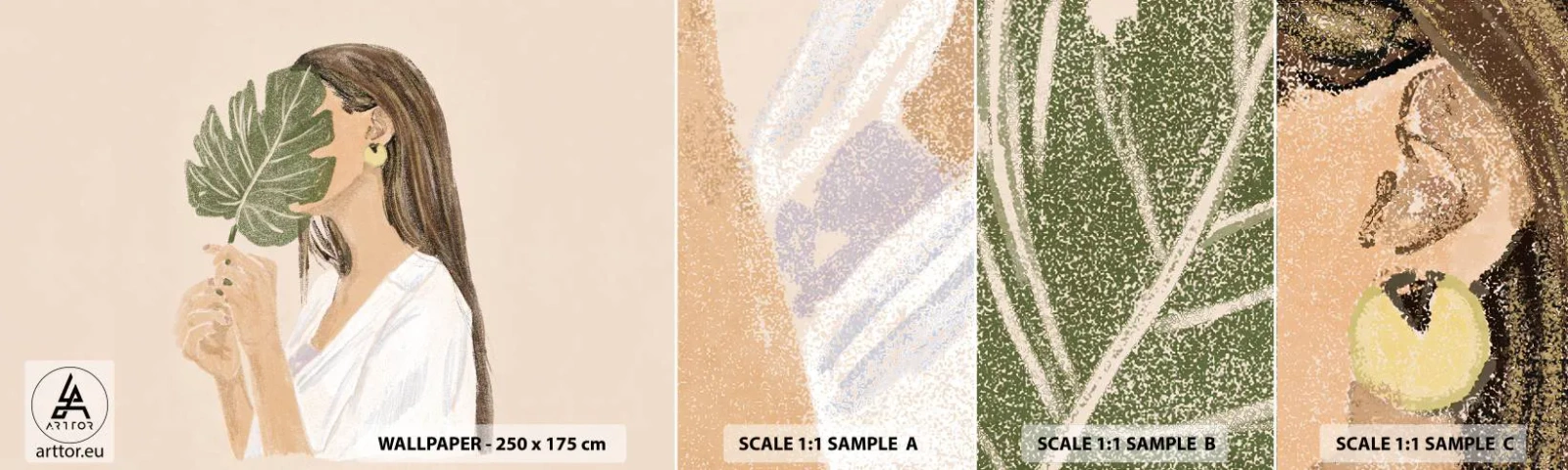 Mostră tapet autocolant Deluxe Sticker - Portret misterios cu un evantai - Frunze, Femeie, Boho - 100x30 cm