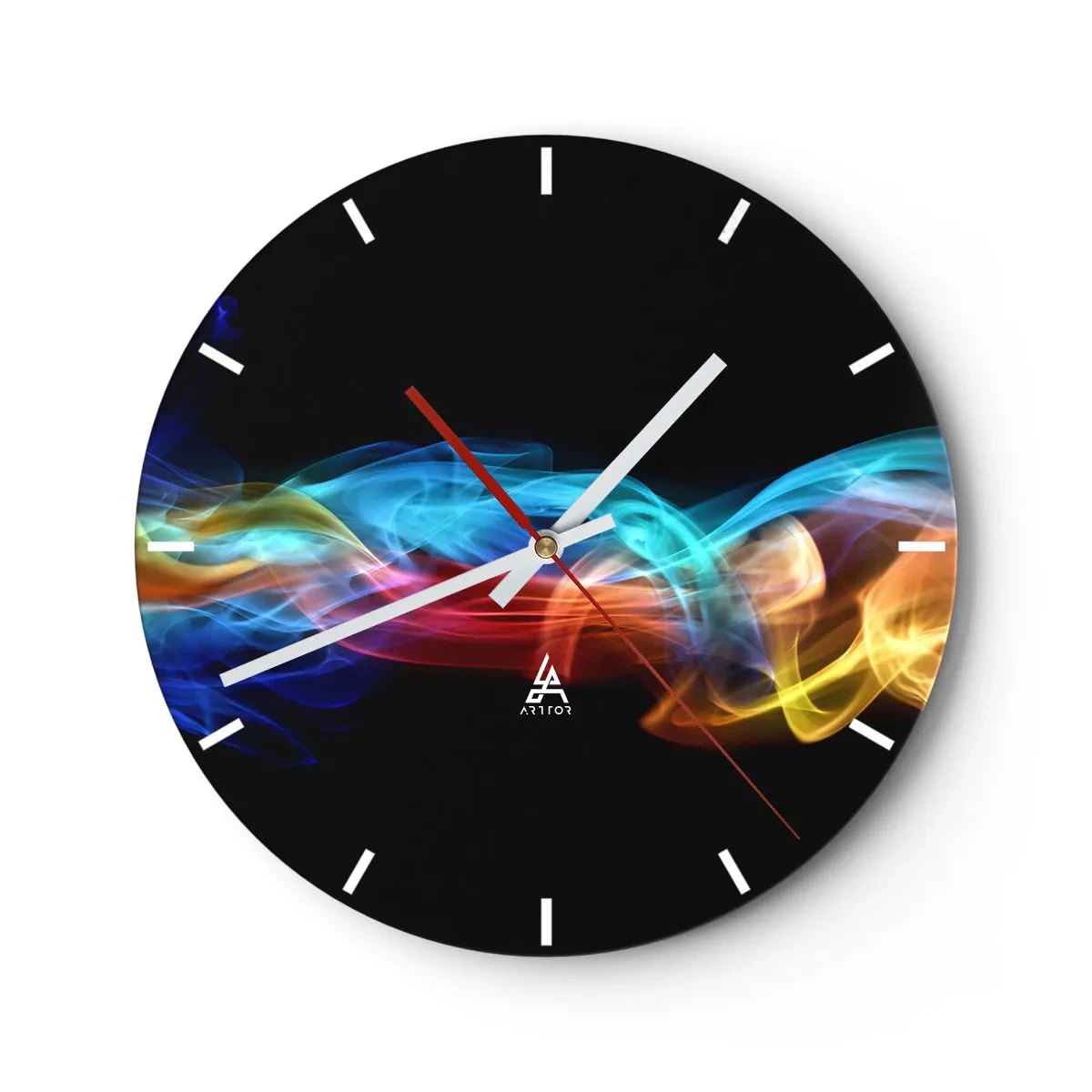Ceas de perete - Ceas pe sticlă - Dâre colorate de lumină pe un fundal negru - 30x30cm - Dansul curcubeului în brumă - Decorațiune modernă pentru perete pentru living, bucătărie și dormitor ARTTOR