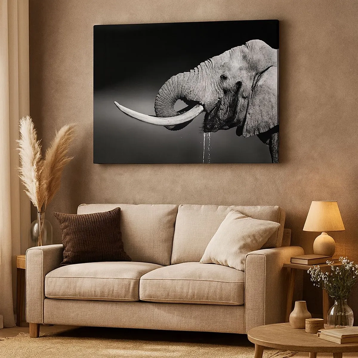 Tablou pe pânză Canvas - Portret alb-negru al unui elefant în profil - 70x50cm - Da, e bine acum - Decorațiune modernă pentru perete pentru living și dormitor ARTTOR
