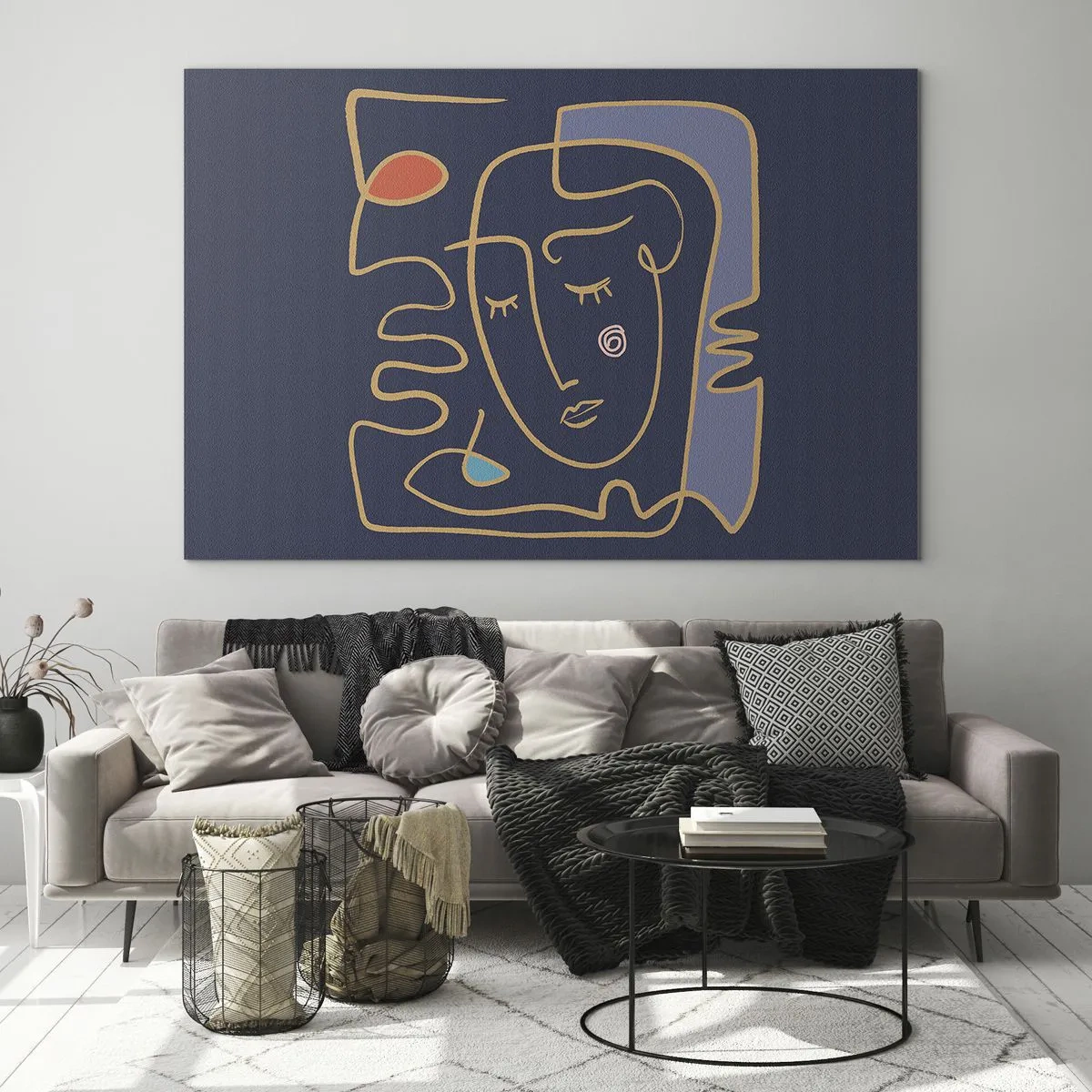 Tablou pe sticlă - Față abstractă în contur pe un fundal albastru marin - 70x50cm - În reverie - Decorațiune modernă pentru perete pentru living și dormitor ARTTOR