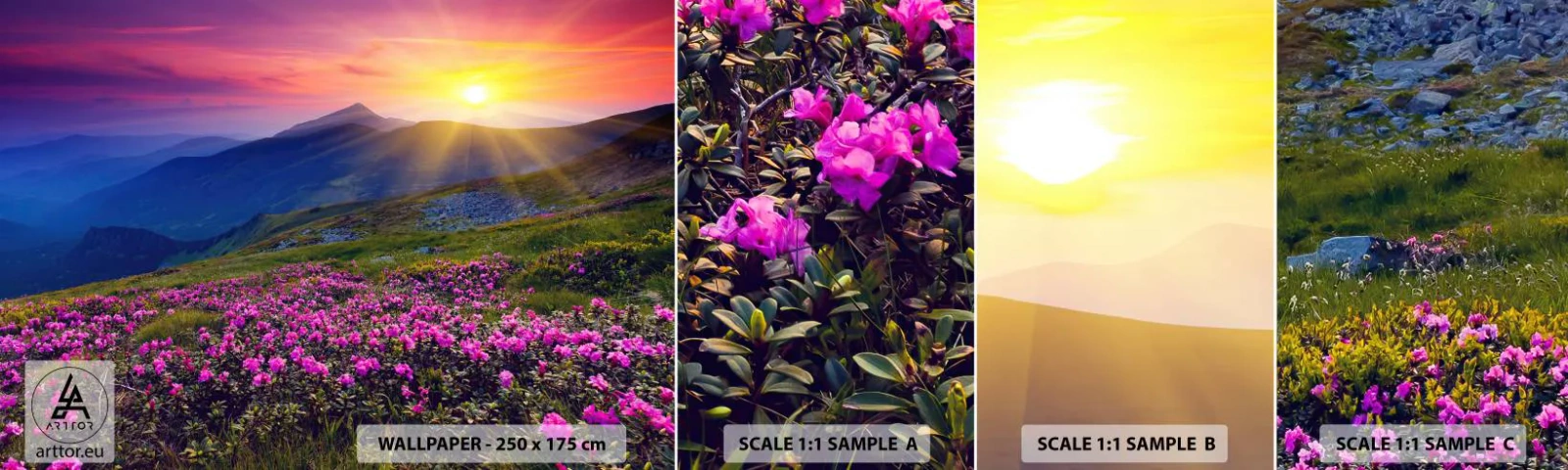 Mostră tapet autocolant Deluxe Sticker - ... Și peste tot în jur se simte un miros de jneapăn și parfum de ierburi... - Peisaj, Munţi, Apus de soare - 100x30 cm