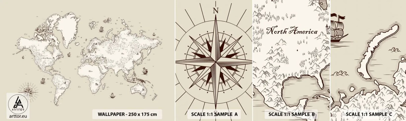 Mostră de Tapet Standard Eco - O călătorie în jurul lumii - Harta lumii, Continente, Corabie de pirati - 100x30 cm