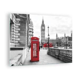 Tablou pe sticlă - Londra alb-negru cu o cabină telefonică roșie și un autobuz - 70x50cm - Fără îndoială, Londra - Decorațiune modernă pentru perete pentru living și dormitor ARTTOR