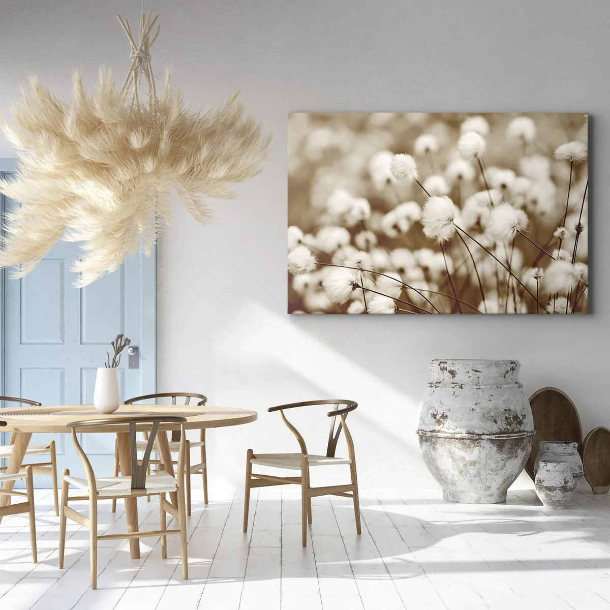 Tablou pe pânză Canvas - Un câmp de plante delicate în nuanțe sepia - 70x50cm - Câmp pufos - Decorațiune modernă pentru perete pentru living și dormitor ARTTOR