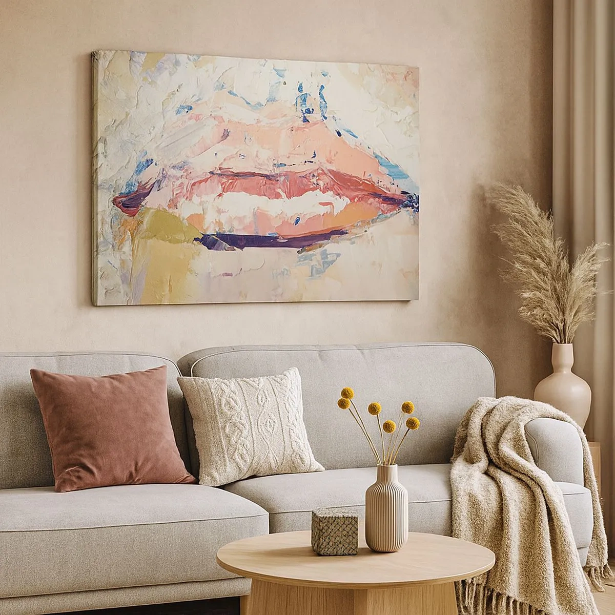 Tablou pe pânză Canvas - O compoziție abstractă care înfățișează buzele unei femei în culori pastelate. - 70x50cm - Trezește simțurile - Decorațiune modernă pentru perete pentru living și dormitor ARTTOR
