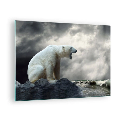 Tablou pe sticlă - Un urs polar pe un cer furtunos - 70x50cm - Regele singuratic al Arcticii - Decorațiune modernă pentru perete pentru living și dormitor ARTTOR