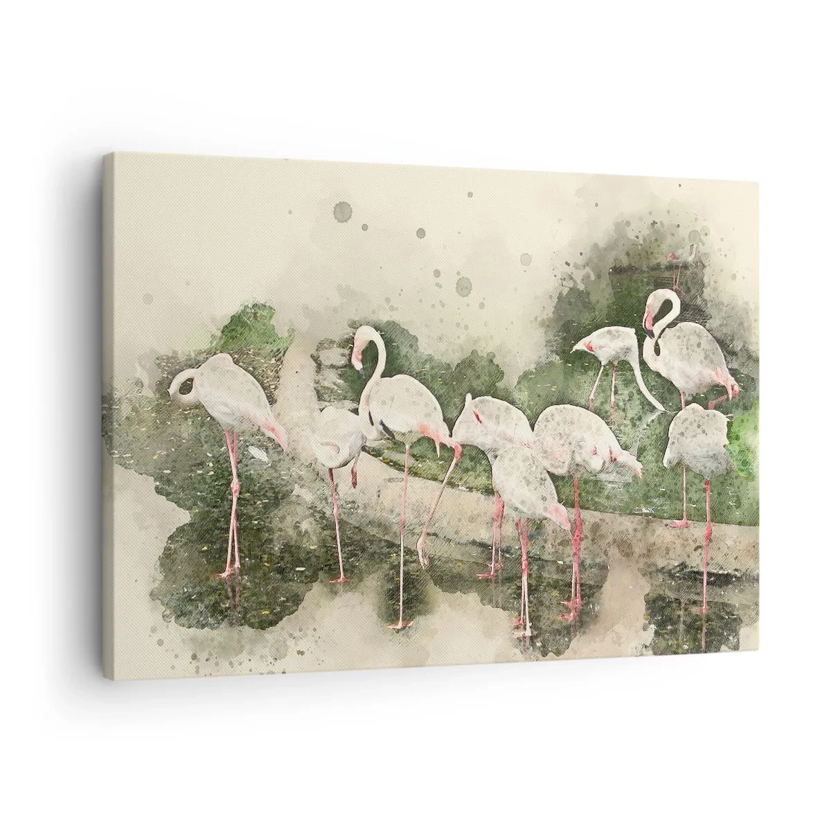 Tablou pe pânză Canvas - Flamingo în mediul lor natural, în stil acuarelă - 70x50cm - Un vis exotic - Decorațiune modernă pentru perete pentru living și dormitor ARTTOR