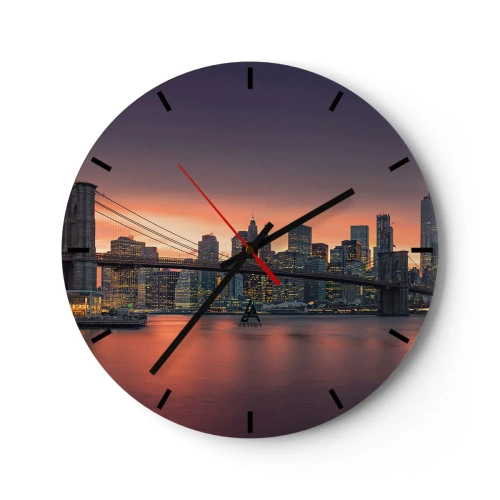 Ceas de perete - Ceas pe sticlă - Panoramă a orașului cu podul la apus - 30x30cm - Scufundate în tăcerea liliachie - Decorațiune modernă pentru perete pentru living, bucătărie și dormitor ARTTOR
