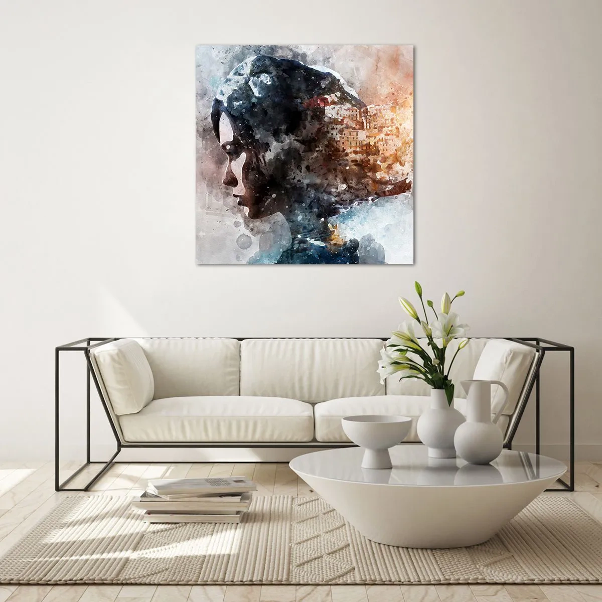 Tablou pe sticlă - Povestea unei fete cu un oraș în fundal - 60x60 cm