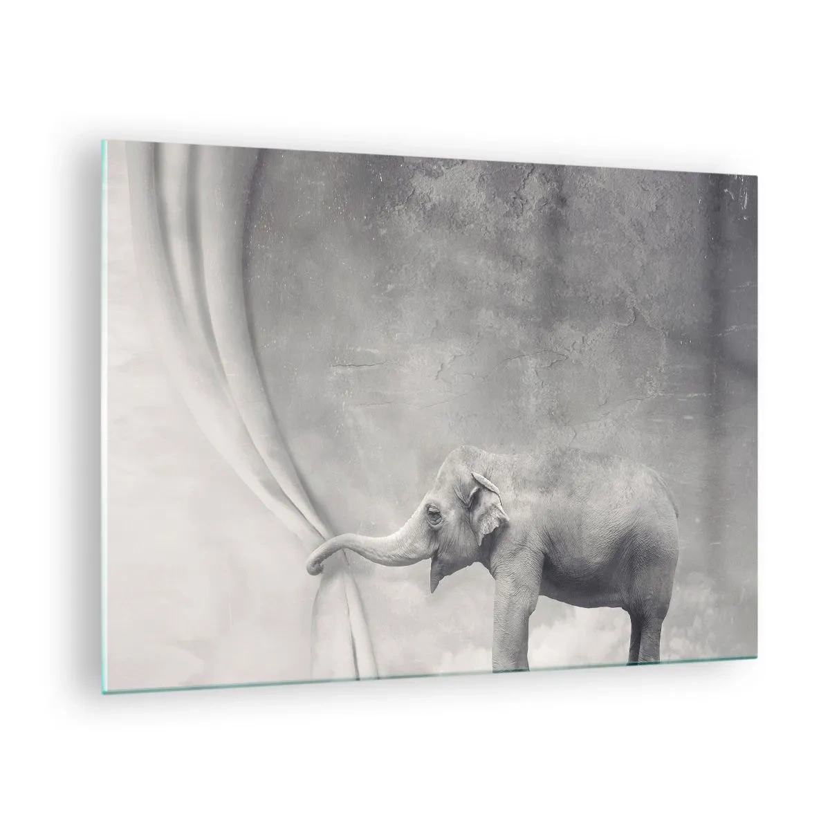 Tablou pe sticlă - Un elefant într-un decor suprarealist cu o perdea - 70x50cm - Dezvăluirea misterului - Decorațiune modernă pentru perete pentru living și dormitor ARTTOR