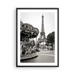 Poster în ramă neagră - Fotografie alb-negru a caruselului și a turnului din fundal - 50x70cm - Distracții retro pariziene - Decorațiune modernă pentru perete pentru living și dormitor ARTTOR