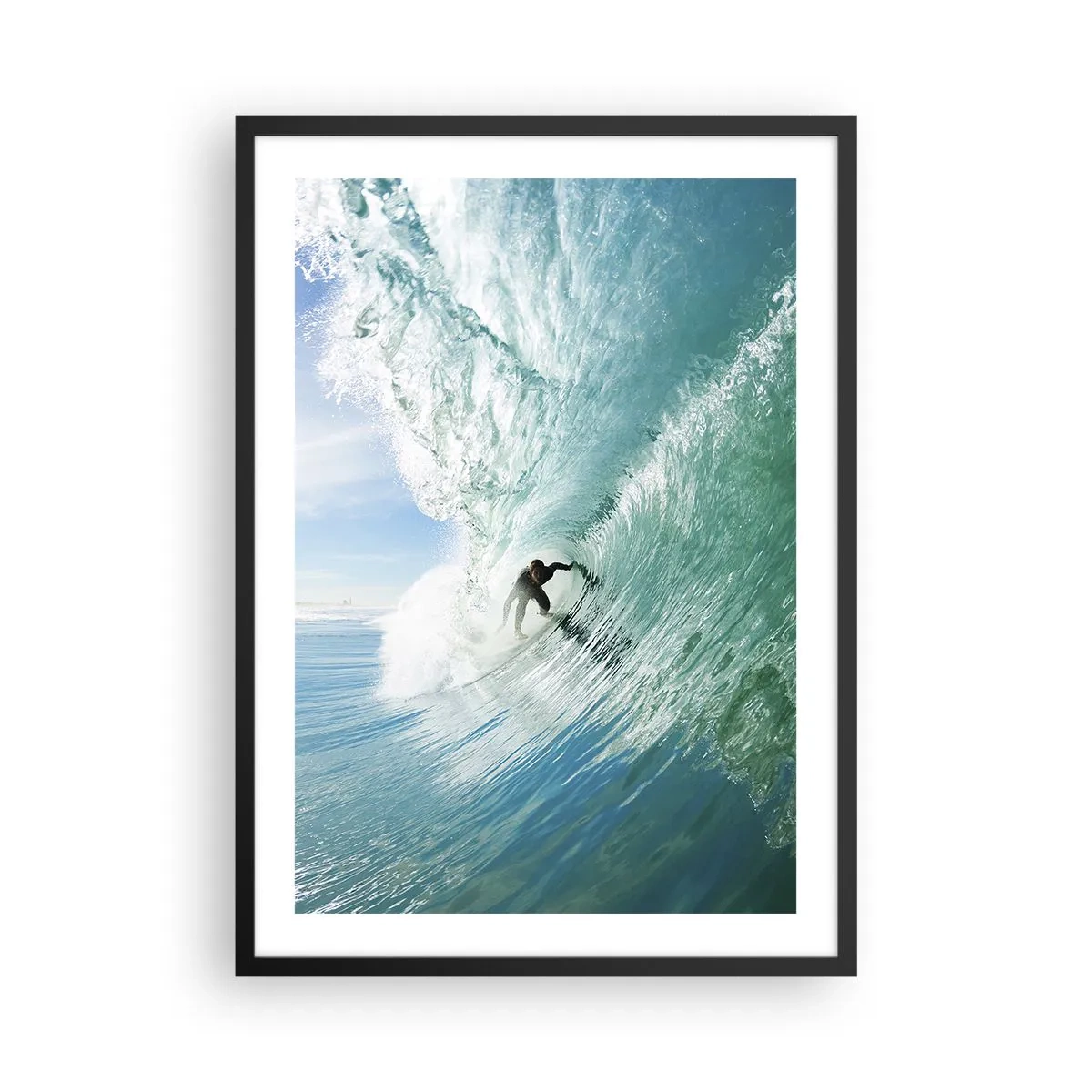 Poster în ramă neagră - Surfer pe un val în lumina soarelui - 50x70cm - Întotdeauna pe val - Decorațiune modernă pentru perete pentru living și dormitor ARTTOR