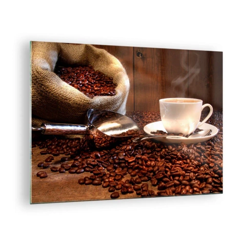 Tablou pe sticlă - O ceașcă de cafea pe un fundal de boabe și o pungă de iută - 70x50cm - Poți să simți parfumul? - Decorațiune modernă pentru perete pentru living și dormitor ARTTOR
