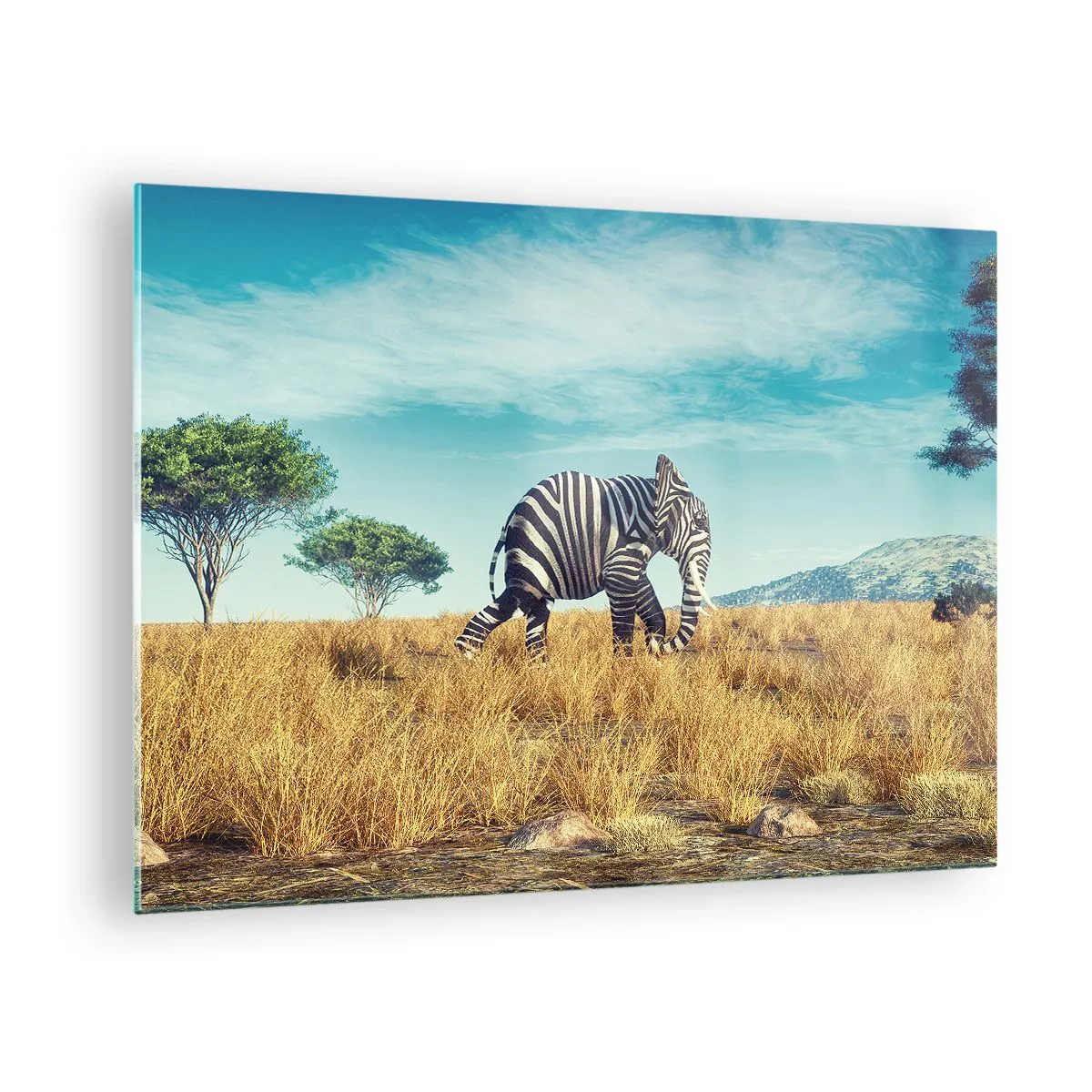 Tablou pe sticlă - Un elefant cu dungi de zebră pe savană sub cer - 70x50cm - Griul nu mai este la modă - Decorațiune modernă pentru perete pentru living și dormitor ARTTOR